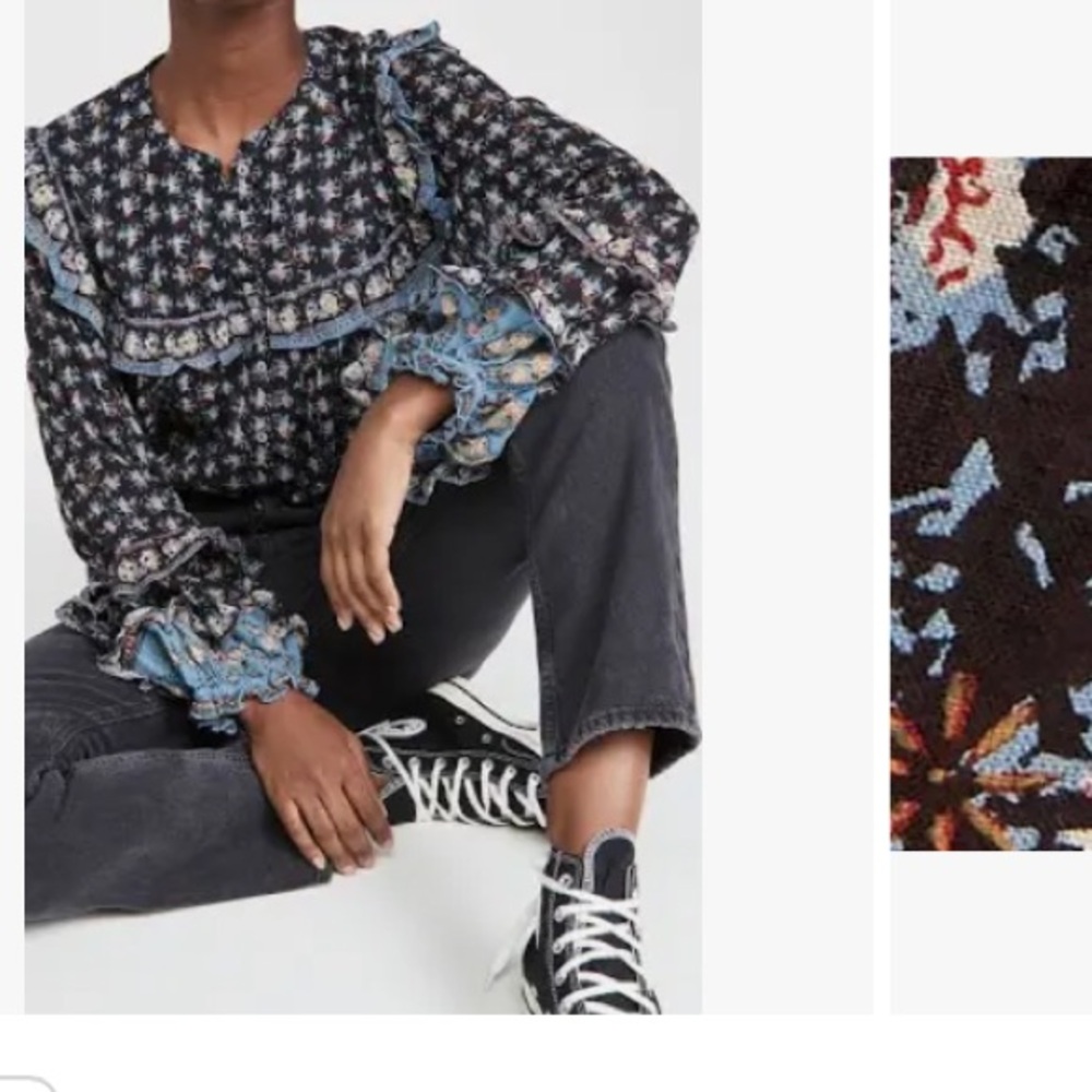 Free People Jenna Printed Blouse XL Night Combo Balloon Sleeve Boho 100% Cotton